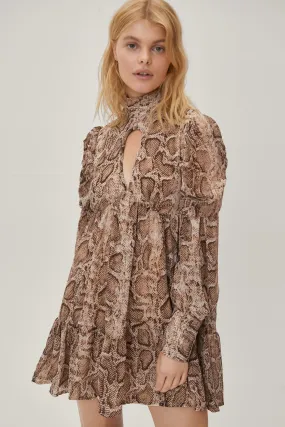 Petite Snake Print Puff Sleeve Tiered Smock Dress