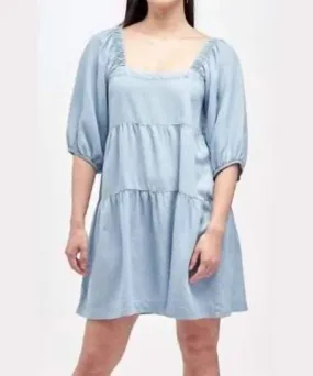 Pine Apparel Tiered Dress With Puff Sleeves In Denim