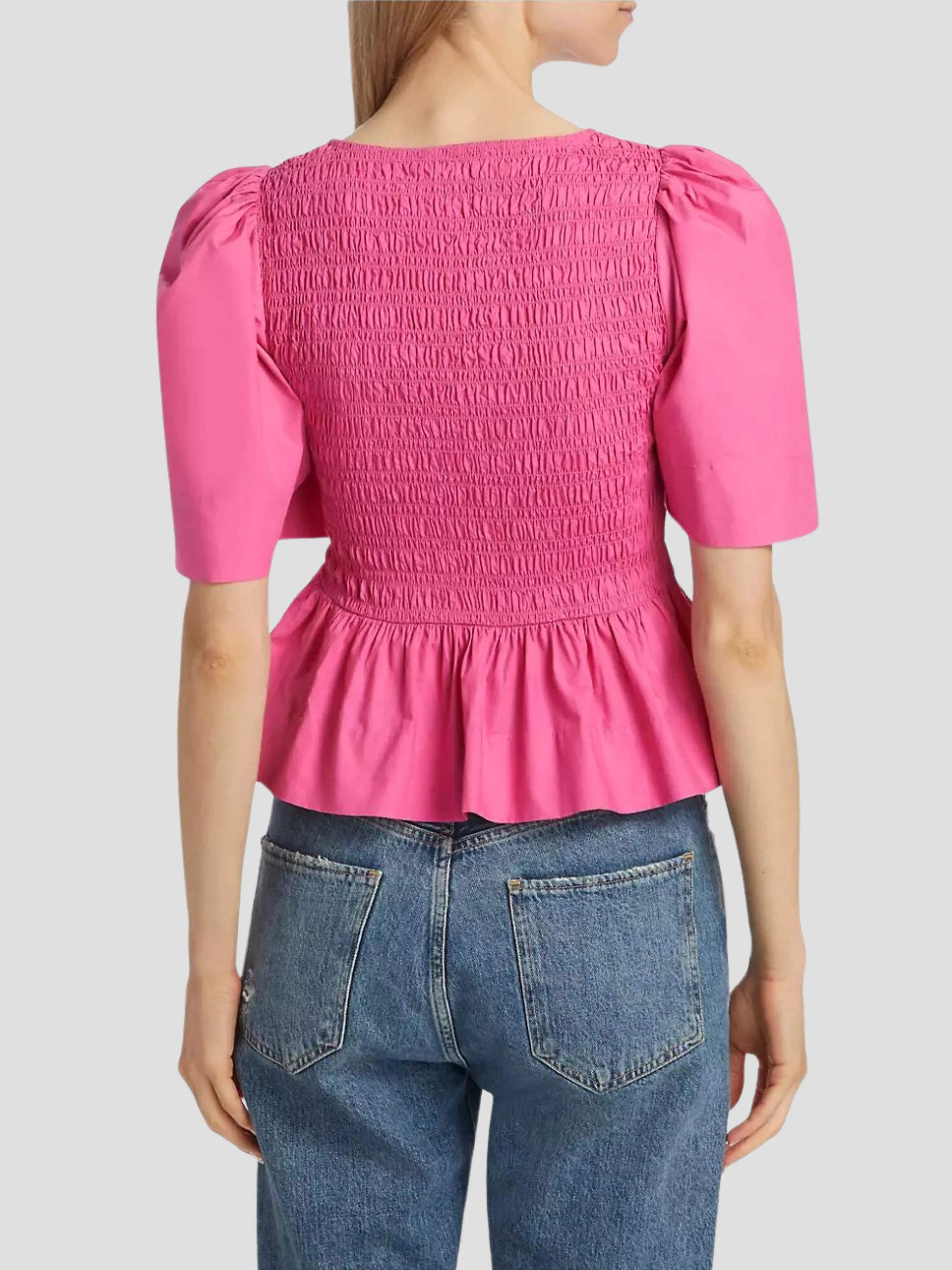 Pink Cotton Poplin Open-Neck Smock Blouse