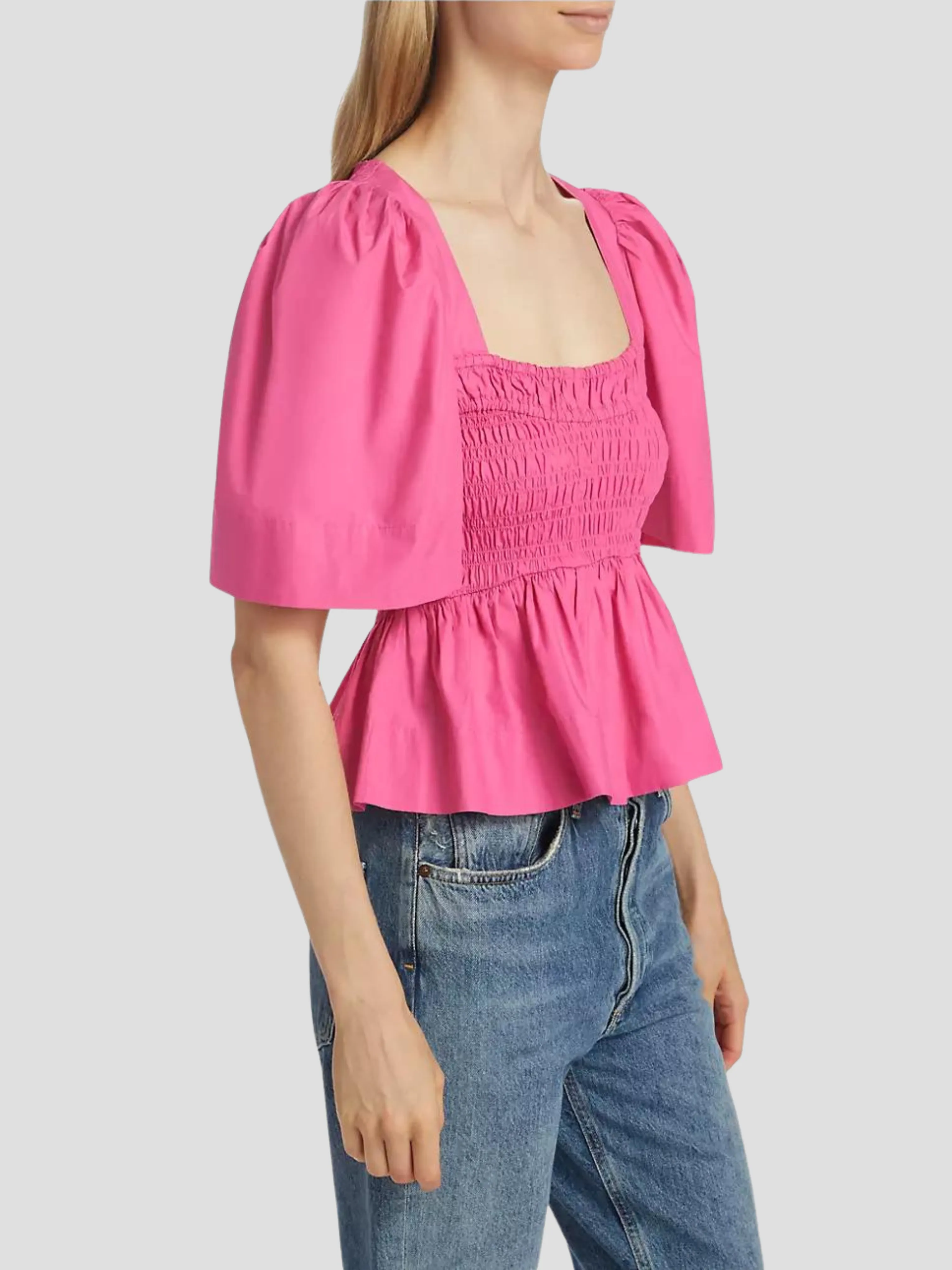 Pink Cotton Poplin Open-Neck Smock Blouse