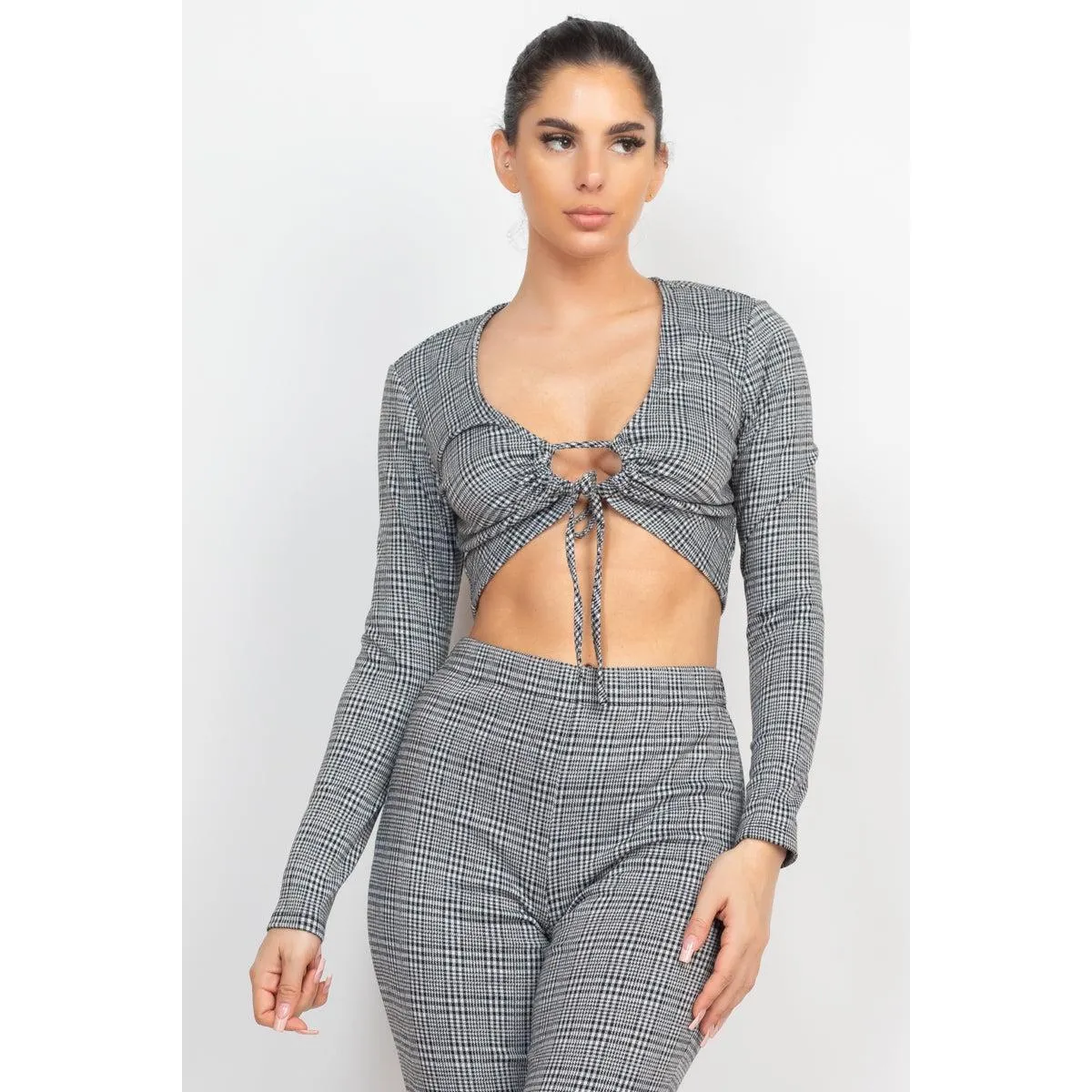 Plaid Cut-out Long Sleeve Top & Pants Set