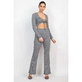 Plaid Cut-out Long Sleeve Top & Pants Set