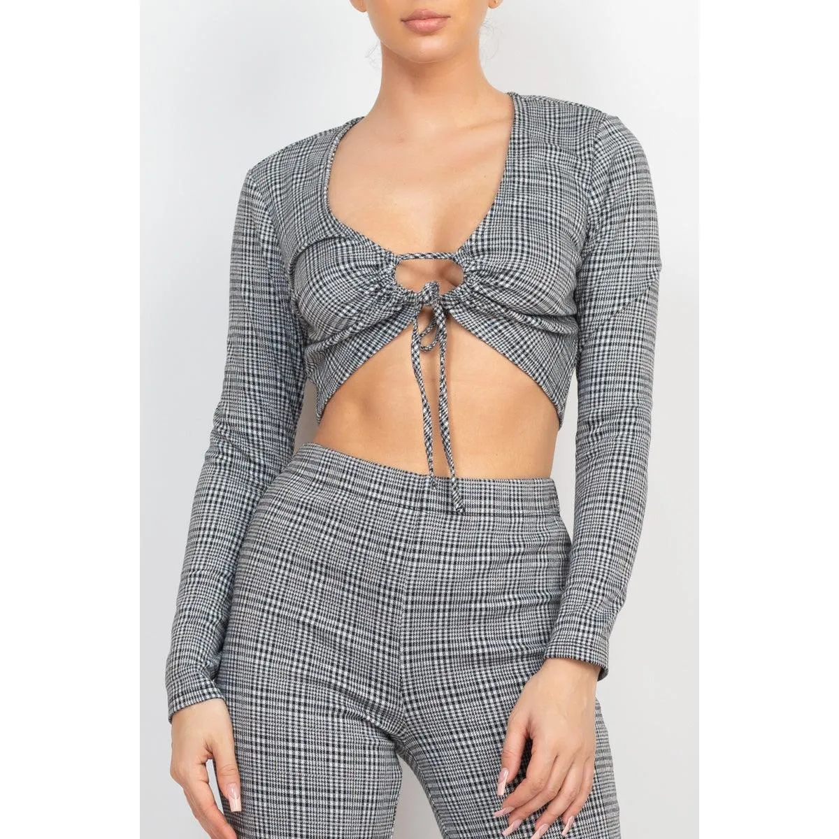 Plaid Cut-out Long Sleeve Top & Pants Set