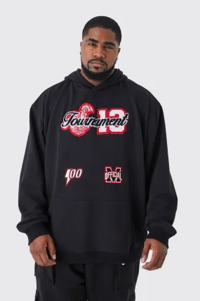 Plus Heavyweight Tournament Applique Hoodie | boohooMAN UK