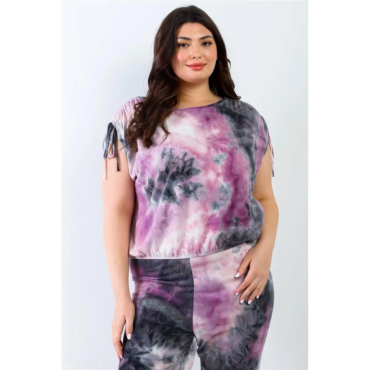 Plus Purple & Black Tie-dye Ruched Shoulder Detail Top & Pants Set