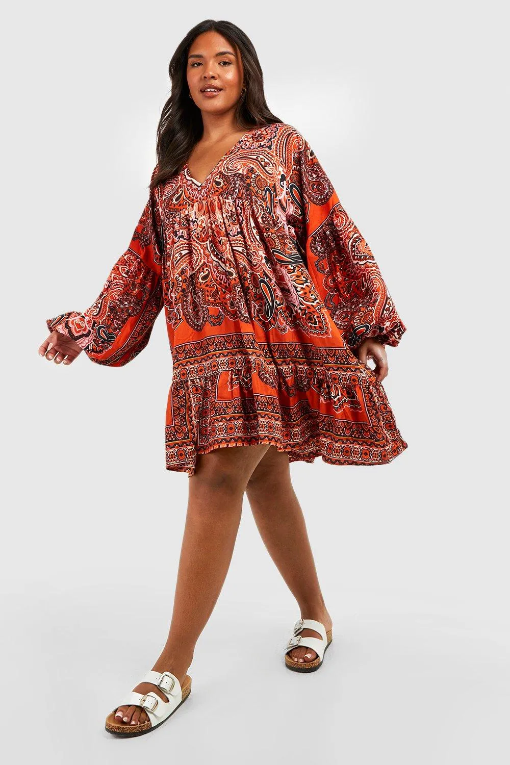 Plus Scarf Print Oversized Smock Dress