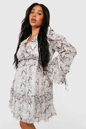 Plus Snake Printed Chiffon Ruffle Smock Dress