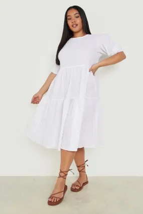 Plus Textured Puff Sleeve Tiered Smock Dress