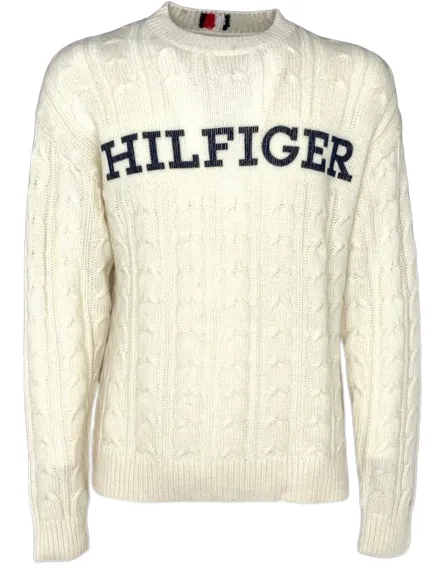 PULLOVER UOMO BIANCO A TRECCE CON LOGO FRONTALE