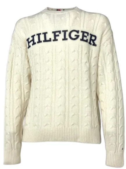 PULLOVER UOMO BIANCO A TRECCE CON LOGO FRONTALE