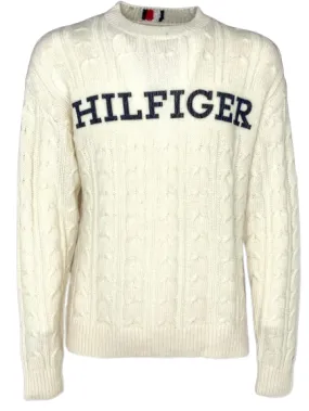 PULLOVER UOMO BIANCO A TRECCE CON LOGO FRONTALE