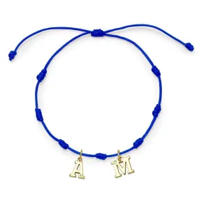 Pulsera con Inicial 7 nudos Azul 2 letras con Diamante y Oro