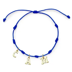 Pulsera con Inicial 7 nudos Azul 3 letras con Diamante y Oro