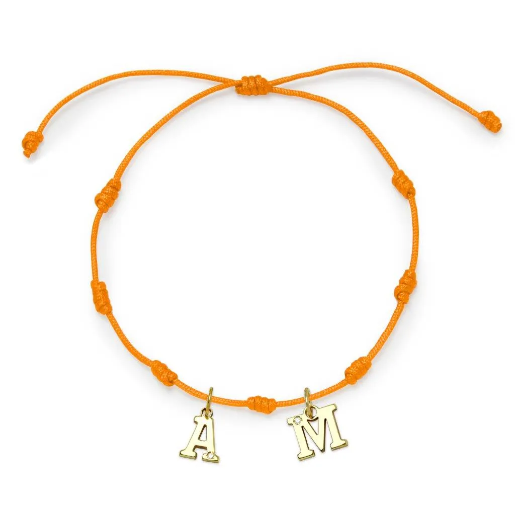 Pulsera con Inicial 7 nudos Naranja 2 letras con Diamante y Oro