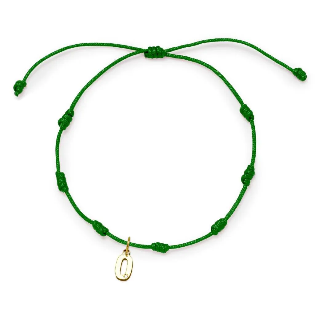 Pulsera con Inicial 7 nudos Verde con Diamante y Oro