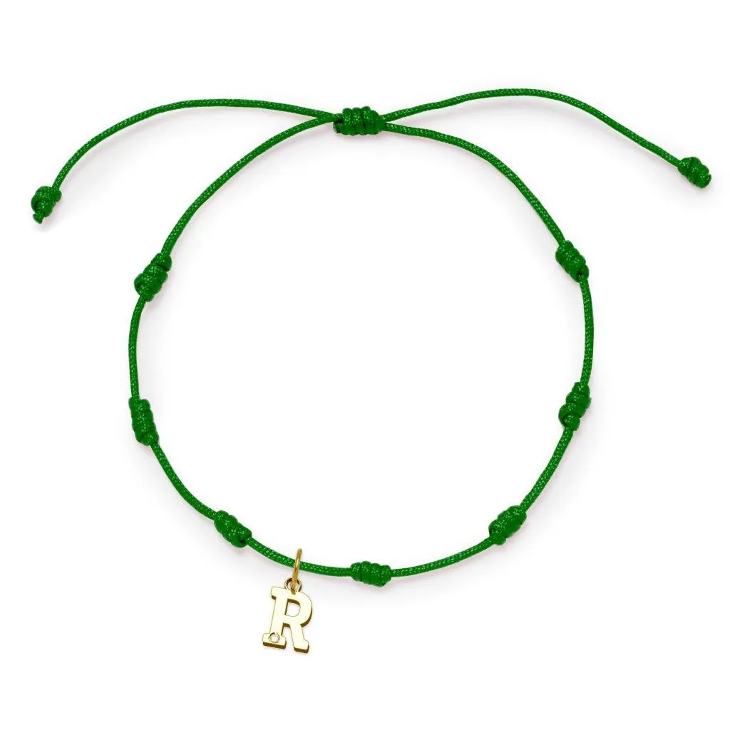 Pulsera con Inicial 7 nudos Verde con Diamante y Oro