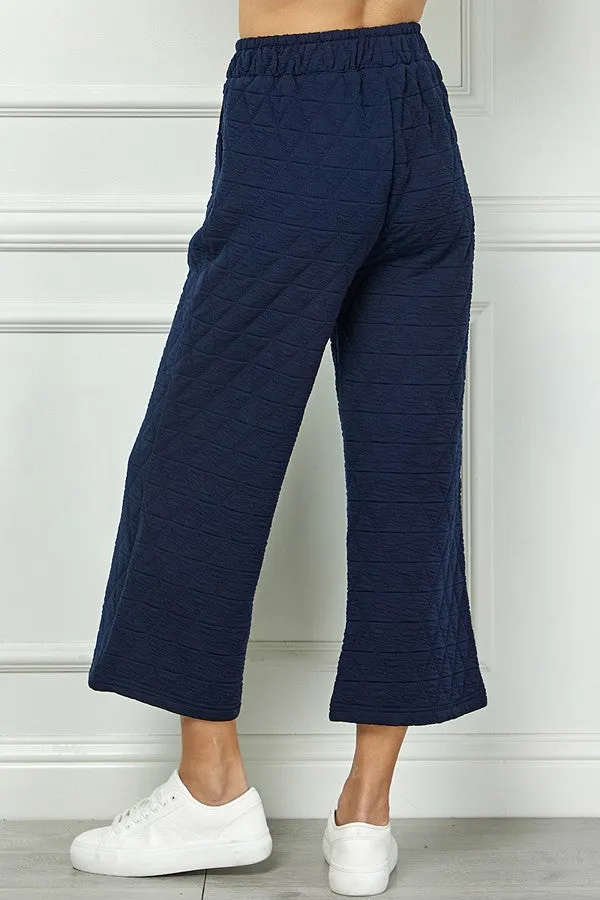 Quilted Cropped Wide Pants - Navy