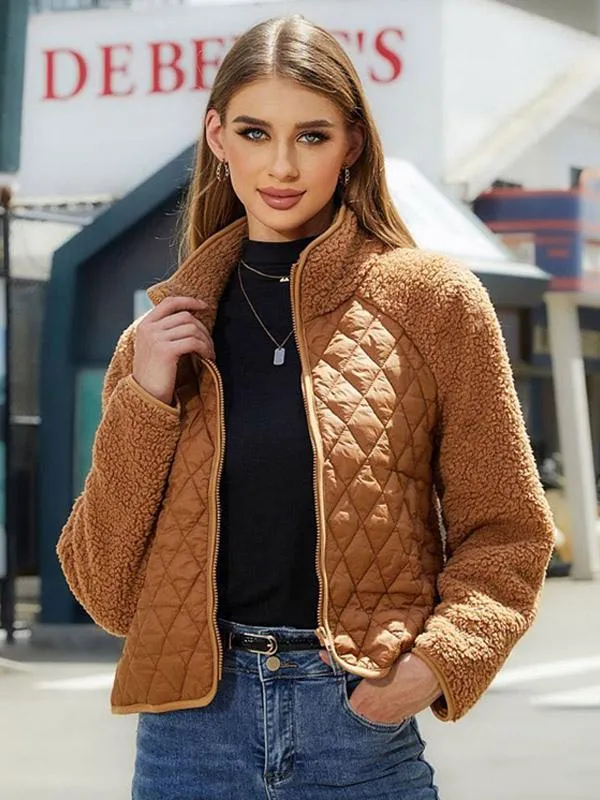 Quilted Jacket Stand Collar Long Sleeves Fall Winter Outerwear For Women