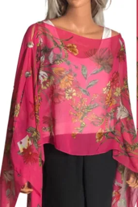 Silky Sheer 6-Button Poncho - Magenta Floral