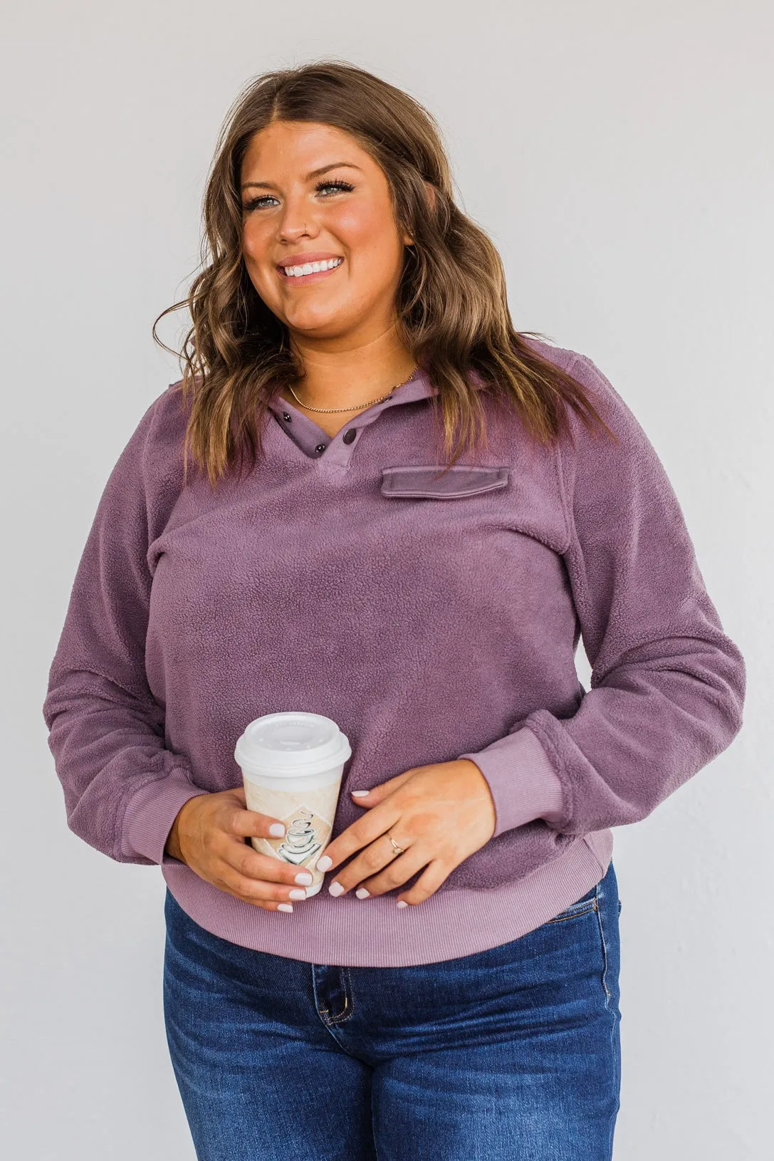 Simple Days Plush Button Pullover- Purple