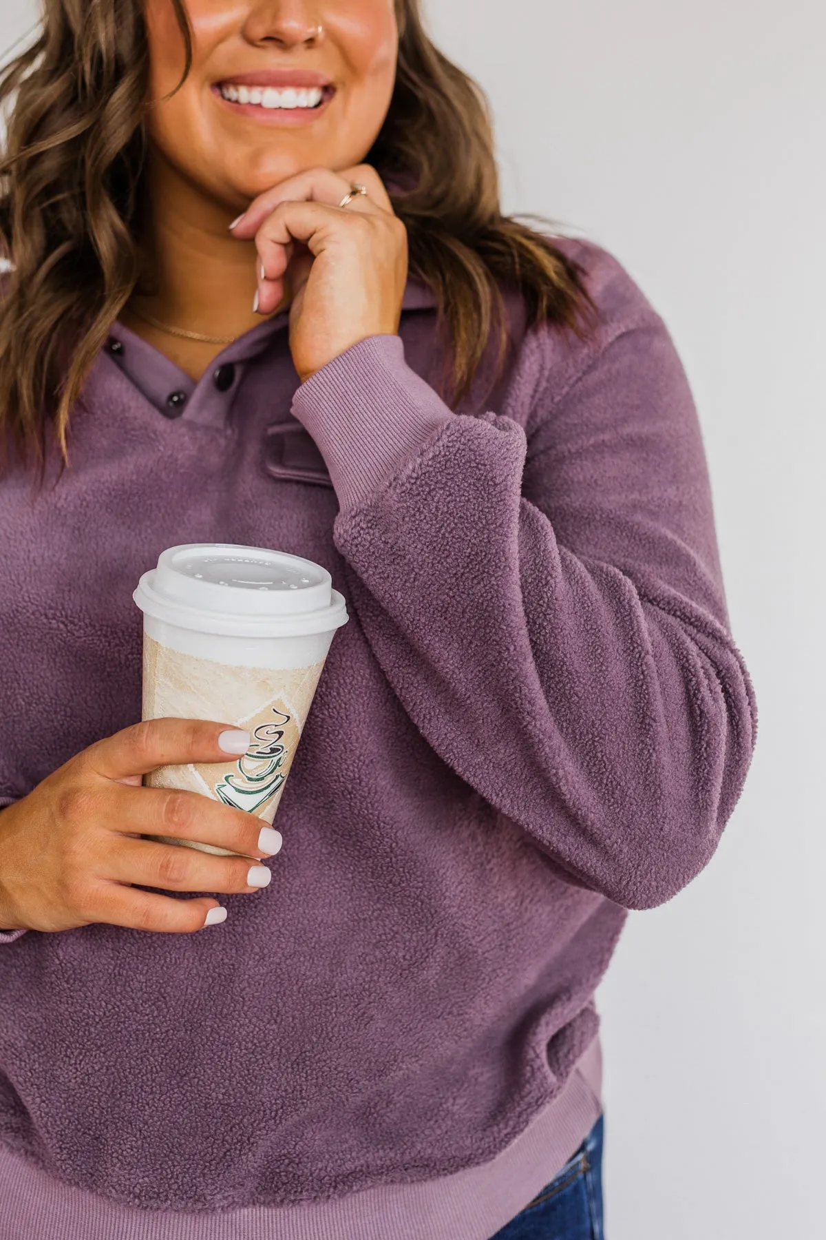 Simple Days Plush Button Pullover- Purple