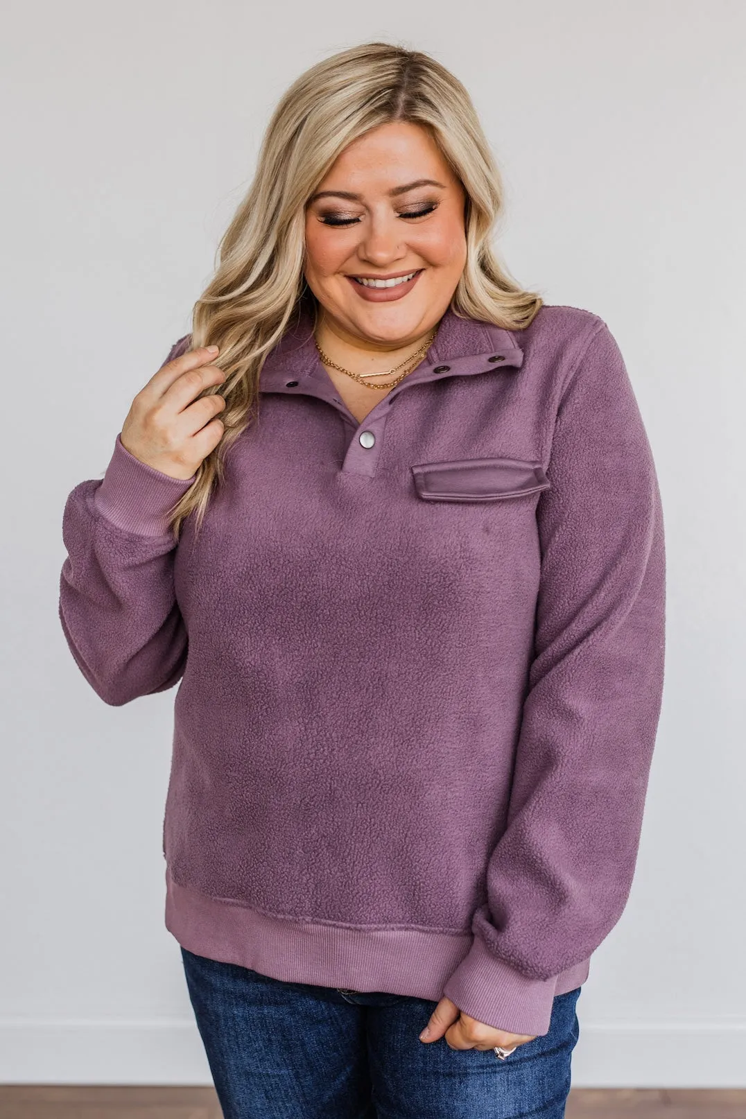 Simple Days Plush Button Pullover- Purple