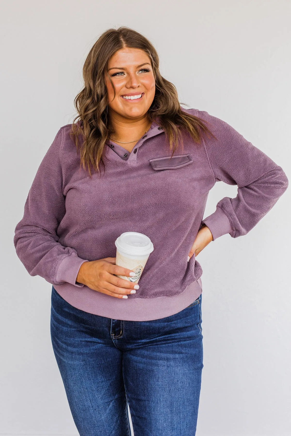 Simple Days Plush Button Pullover- Purple