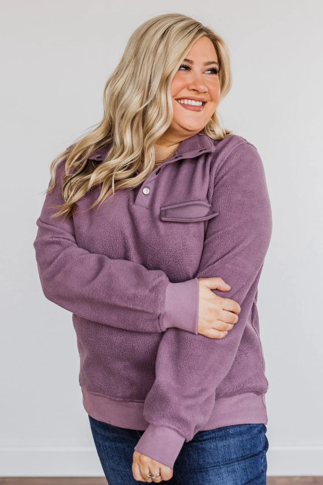 Simple Days Plush Button Pullover- Purple