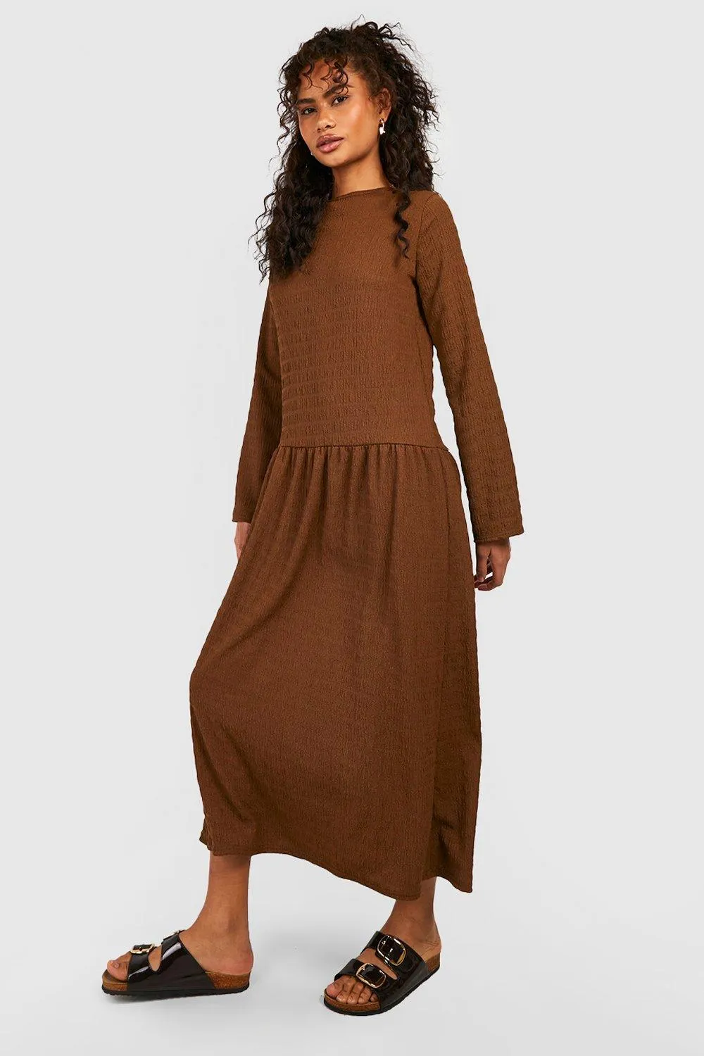 Textured Drop Hem Oversized Midi Smock Dress