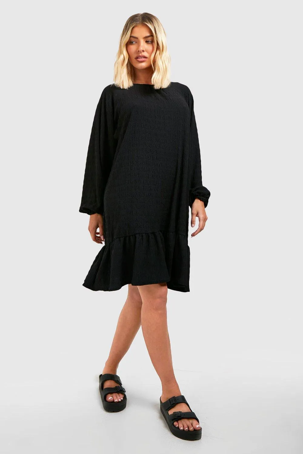 Textured Frill Hem Oversized Smock Dress