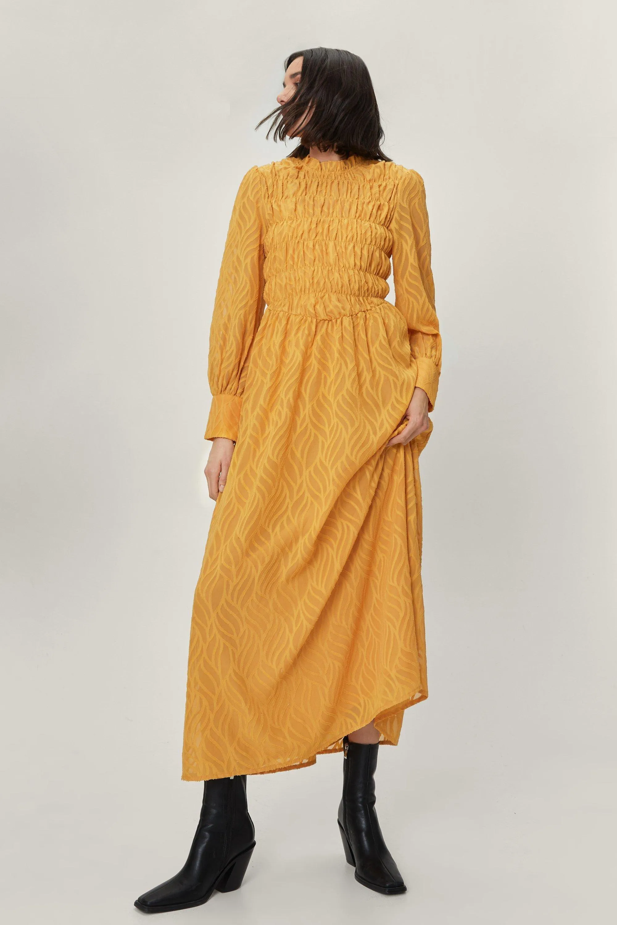 Textured Shirred Maxi Smock Dress