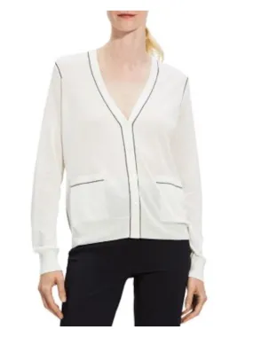 THEORY Womens Ivory Pocketed Ribbed Contrast Trim Long Sleeve V Neck Wear To Work Button Up Cardigan