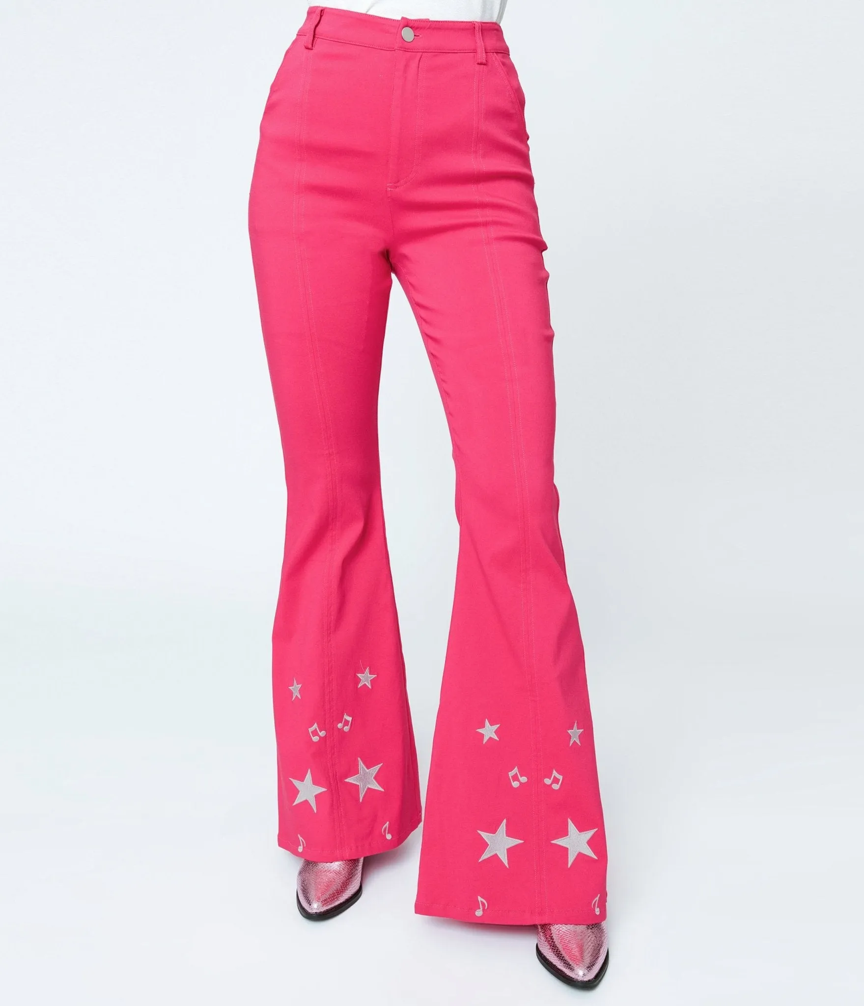 Unique Vintage 1970s Pink & Glitter Stars Flare Pants