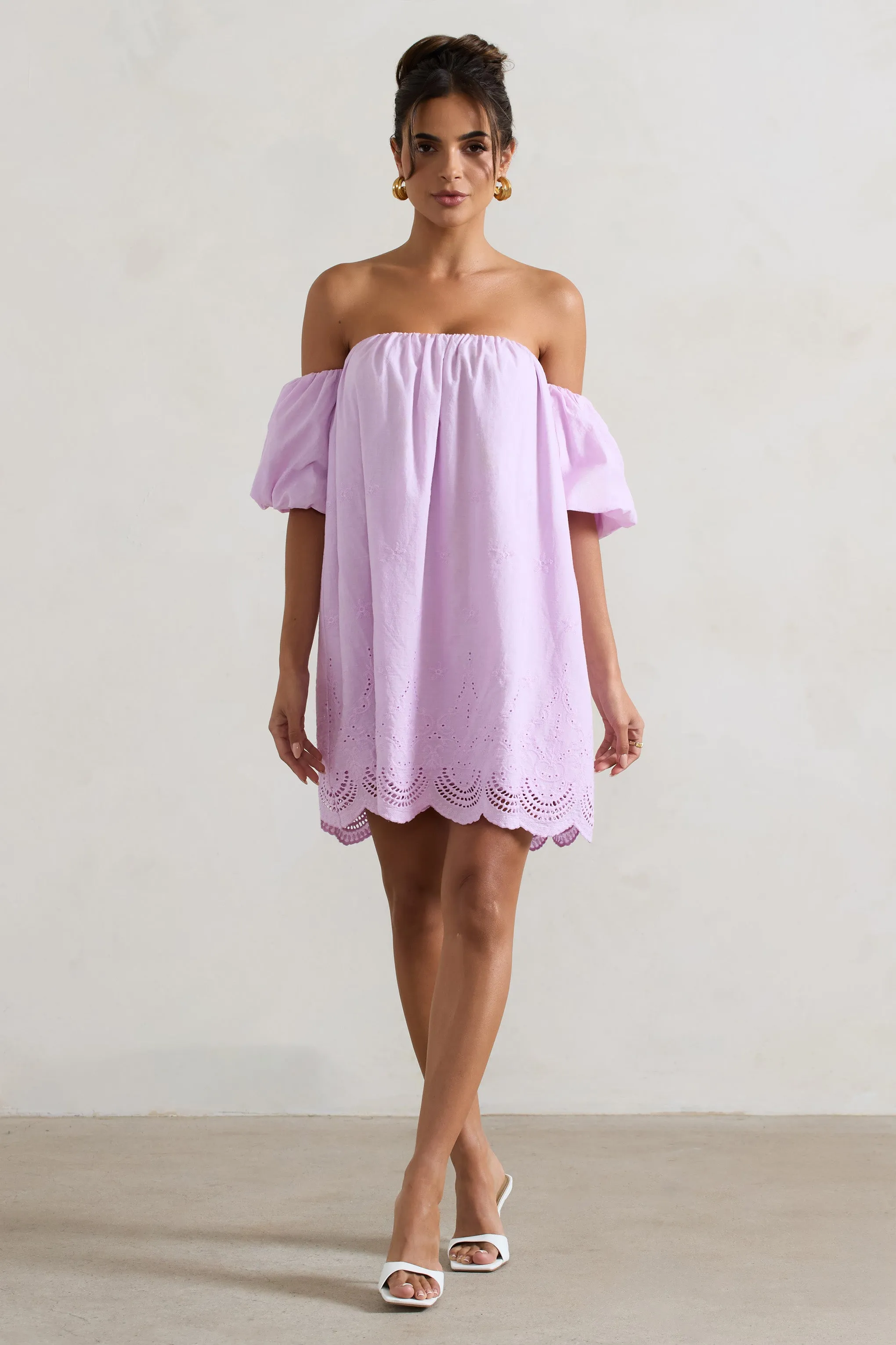 Wendy | Lilac Poplin Bardot Lace Trim Smock Mini Dress