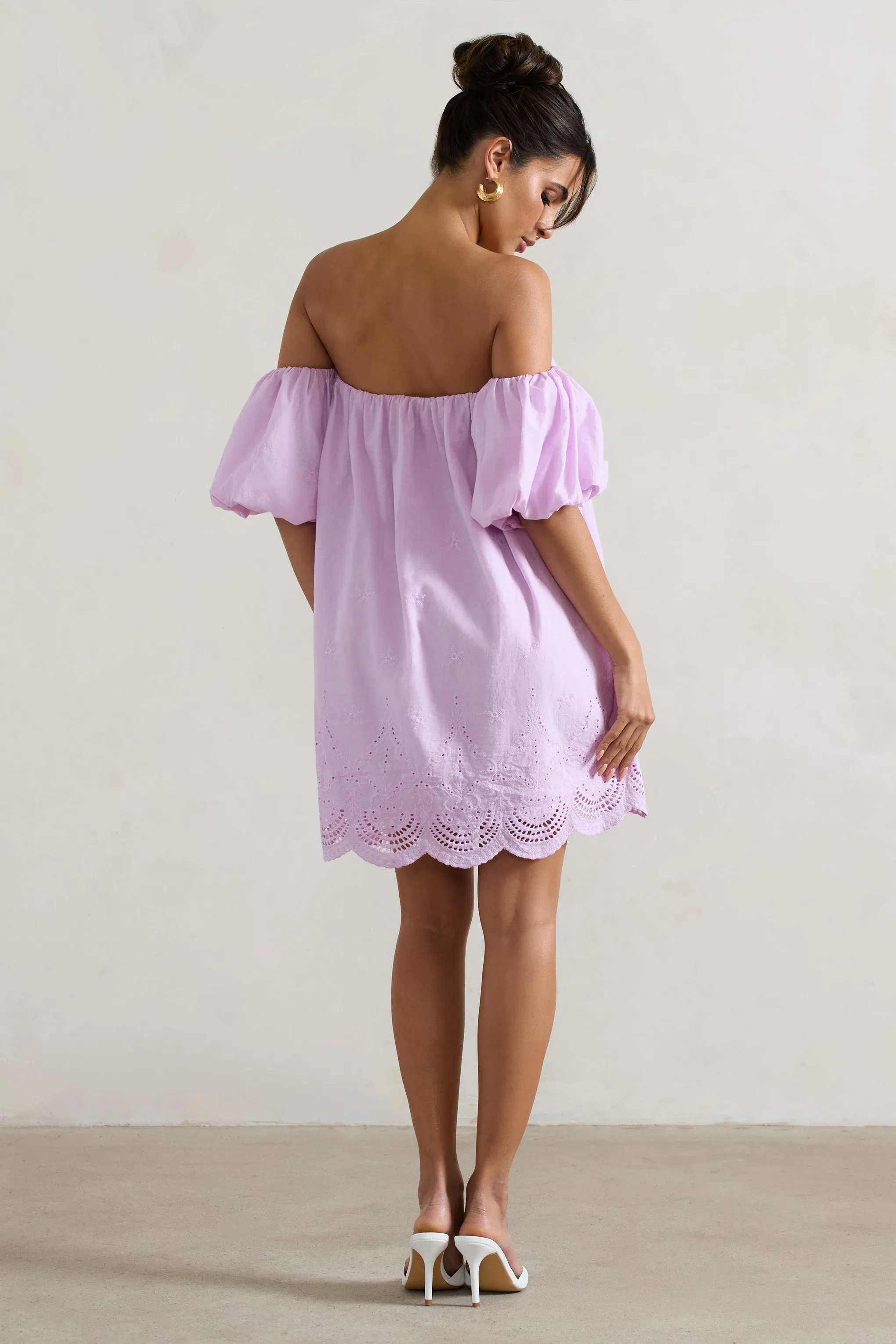 Wendy | Lilac Poplin Bardot Lace Trim Smock Mini Dress