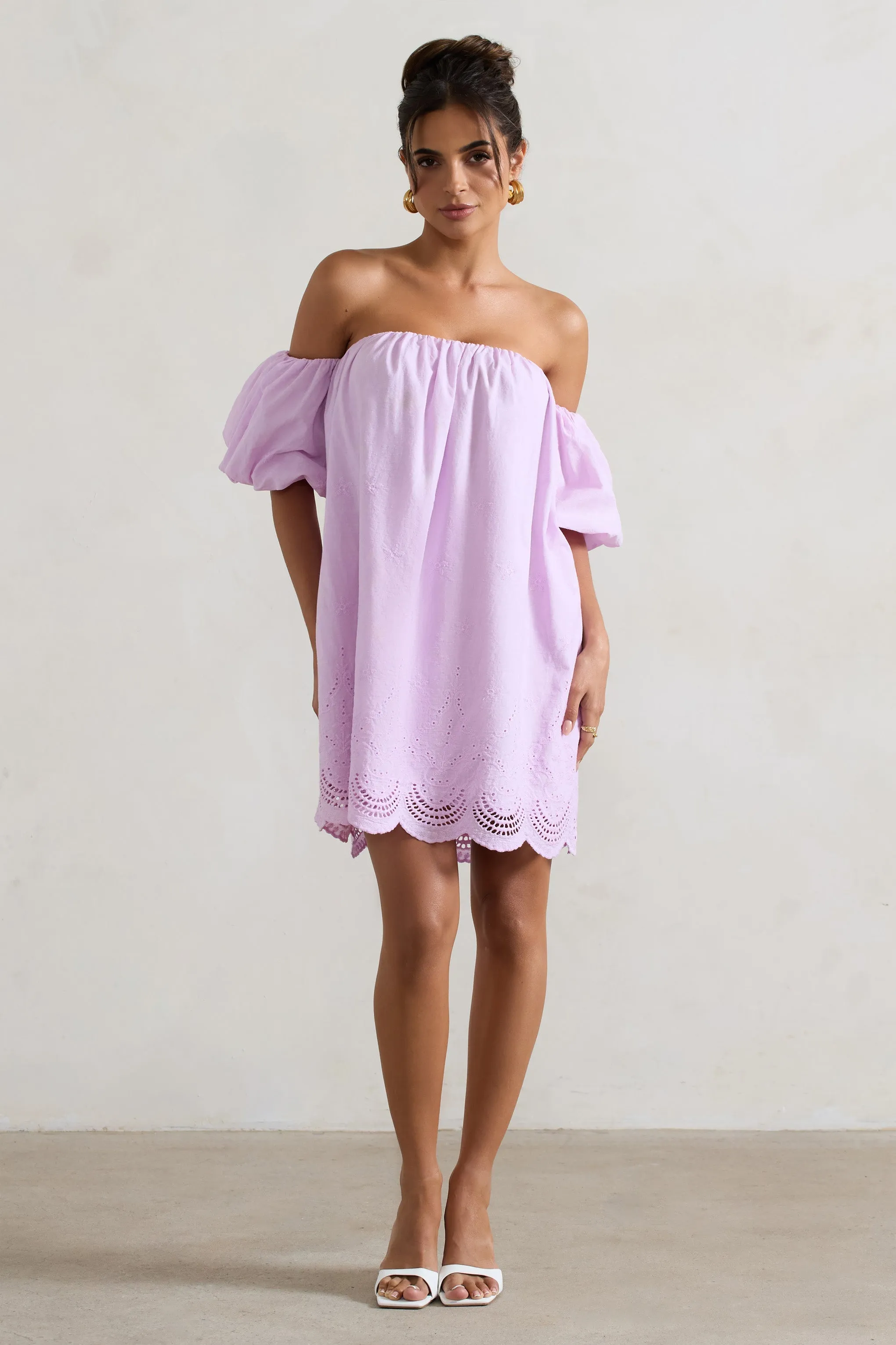 Wendy | Lilac Poplin Bardot Lace Trim Smock Mini Dress