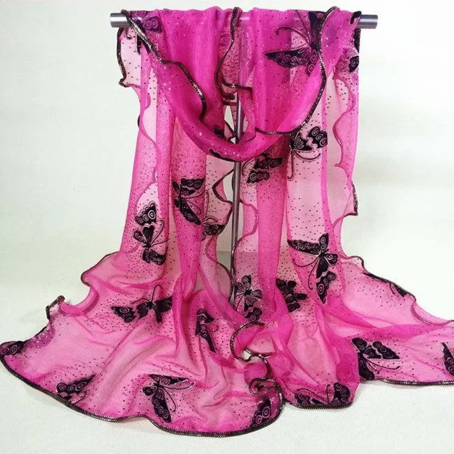 Women New Arrival  Fashion Scarfs   Women's chiffon scarf Lace Gauze Butterfly Veil Scarf Shawl Wrap Echarpe GS