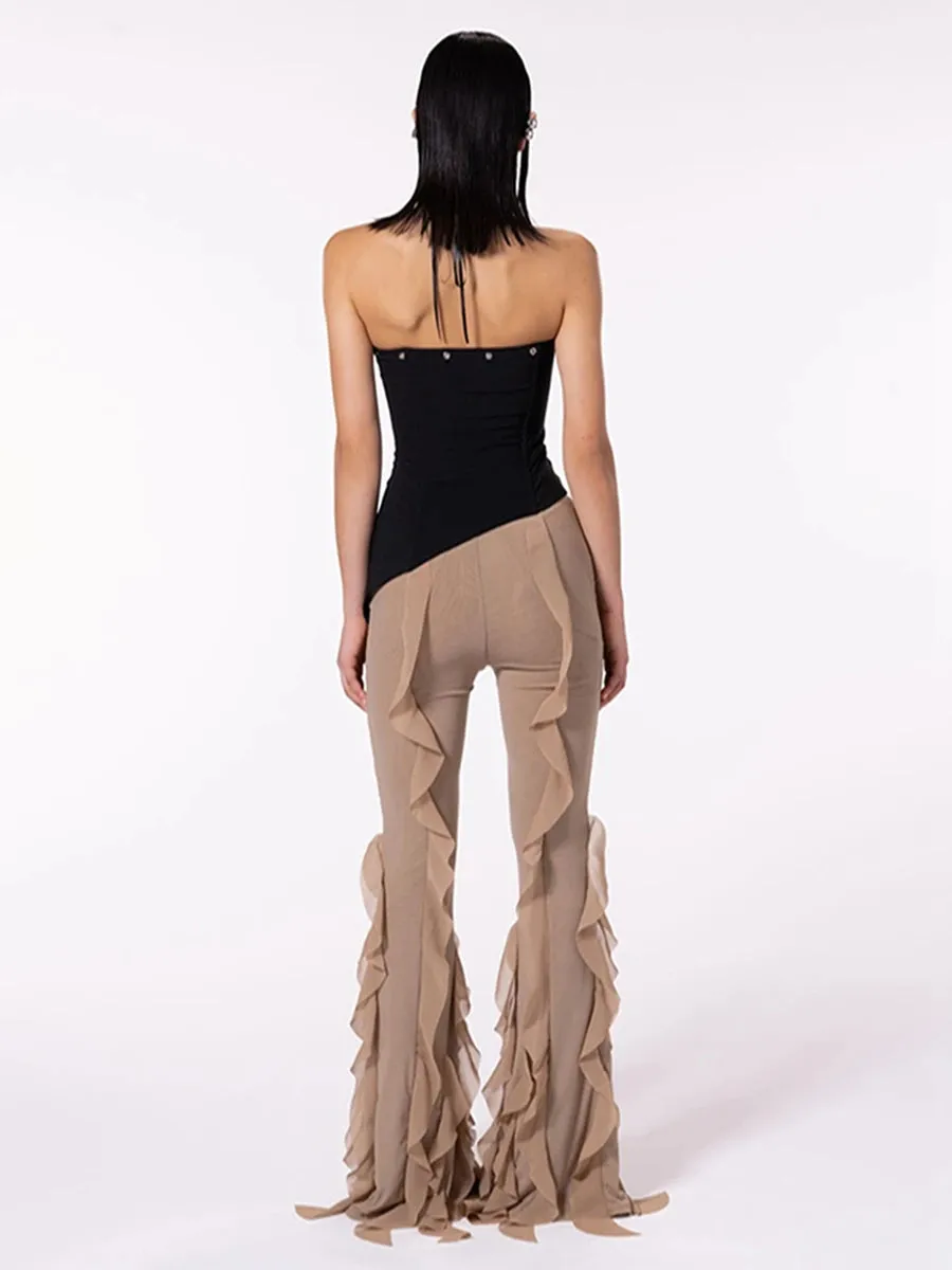 Women s Ruffle Flare Pants y2k Solid Low Rise Stretch Bell Bottom Trousers Rave Club Streetwear