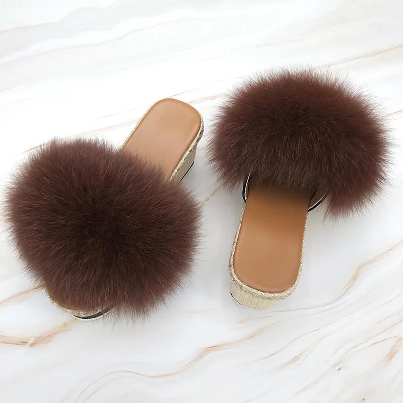 Women's Luxury Summer Real Fox Fur Caramel Color House Slippers