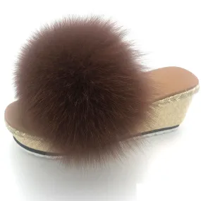 Women's Luxury Summer Real Fox Fur Caramel Color House Slippers