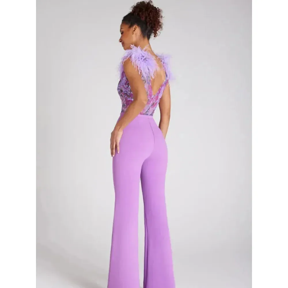 Women's Sleeveless Sequins Feathers Decor Bodycon Bandage Jumpsuit