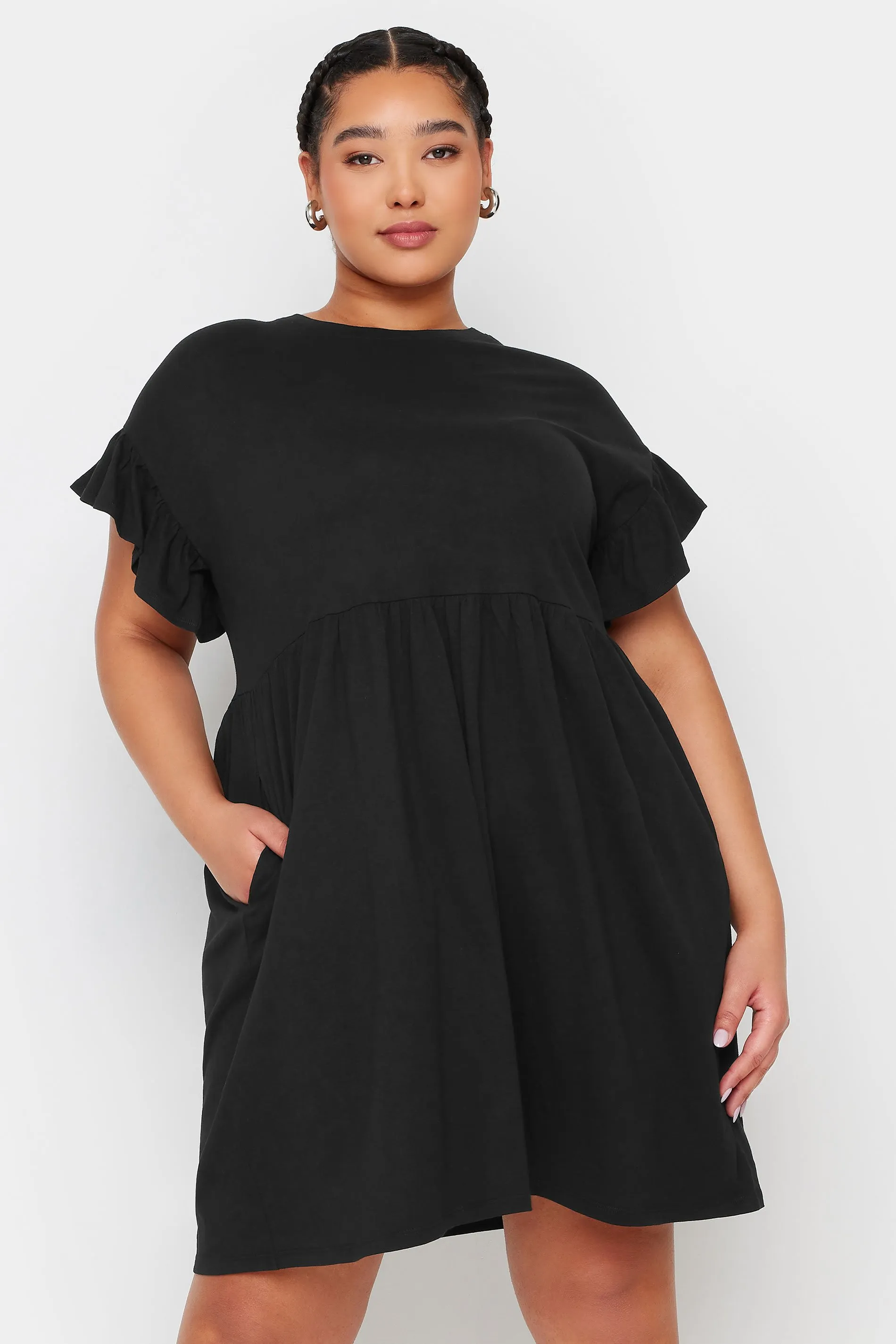 YOURS Curve Black Frill Sleeve Smock Tunic Dress