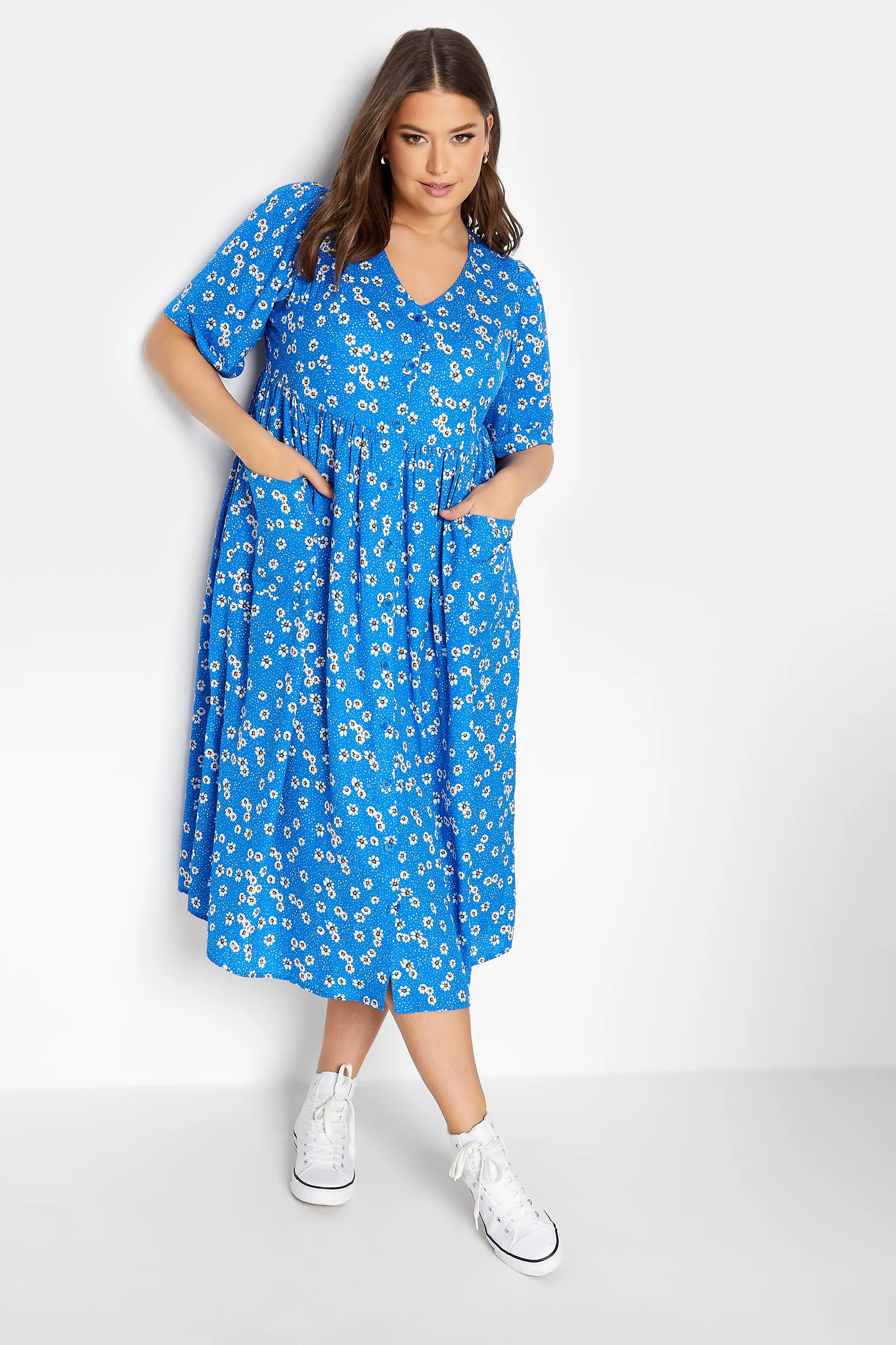 YOURS Curve Blue Daisy Print Smock Dress