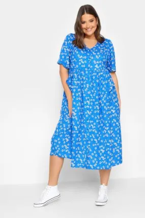 YOURS Curve Blue Daisy Print Smock Dress