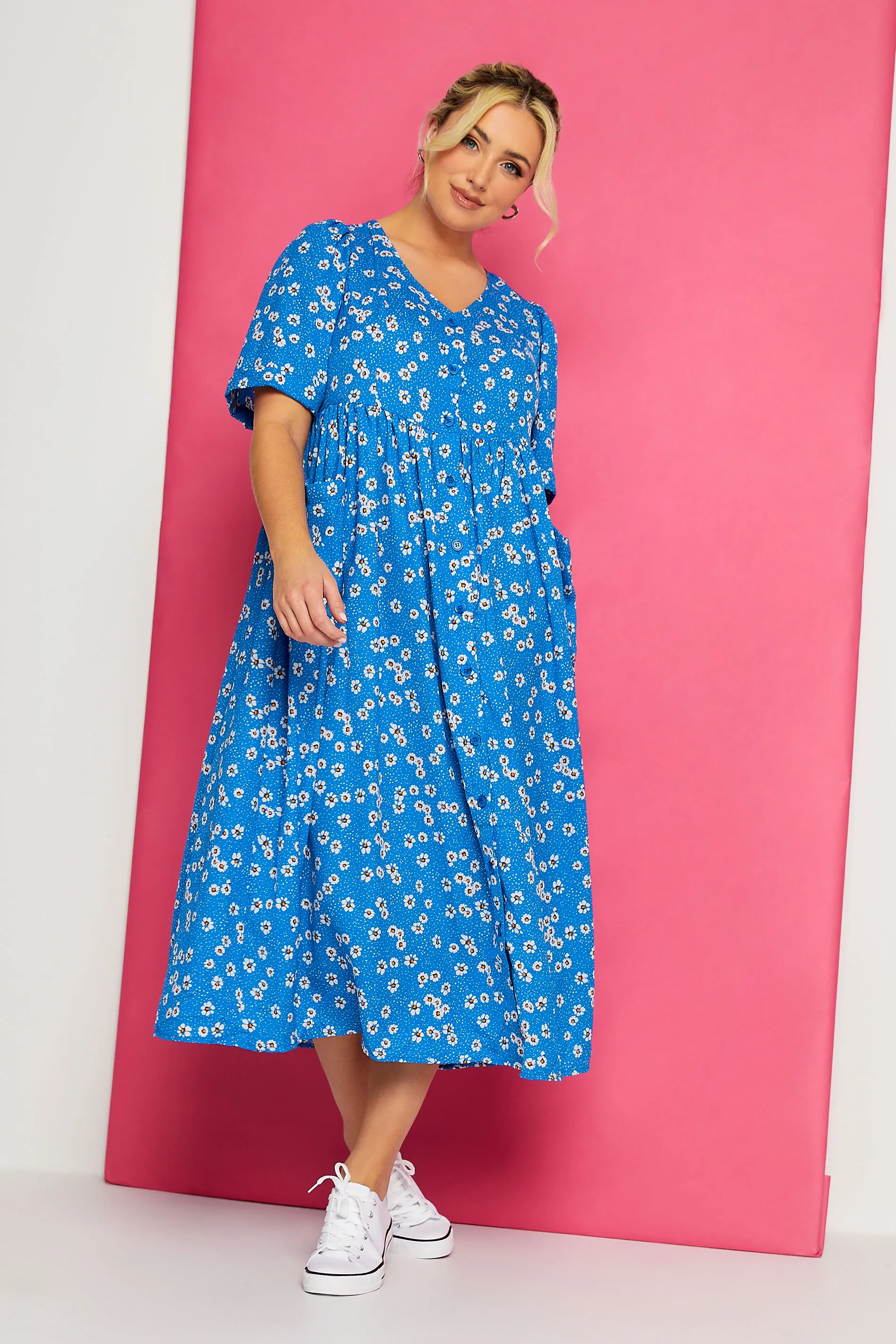 YOURS Curve Blue Daisy Print Smock Dress