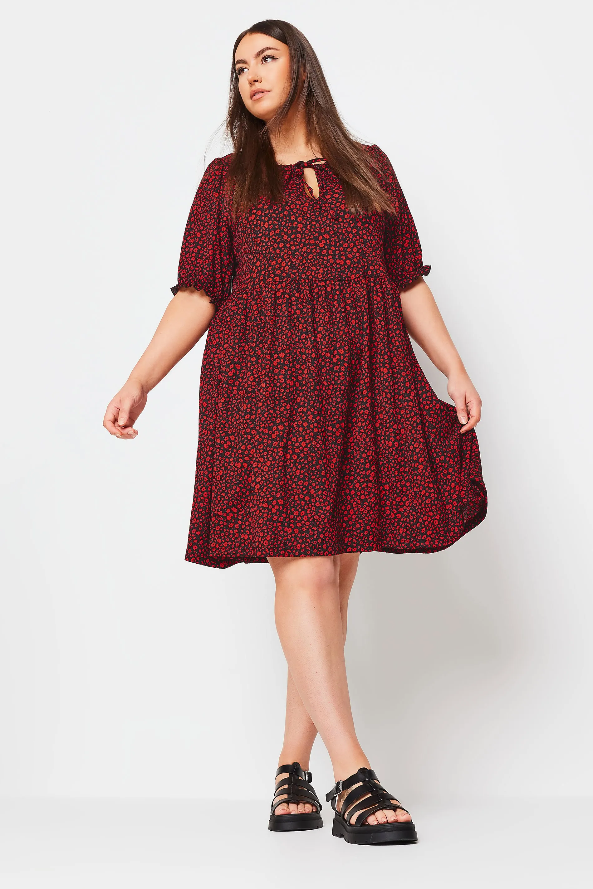 YOURS Curve Red Ditsy Floral Print Textured Smock Dress