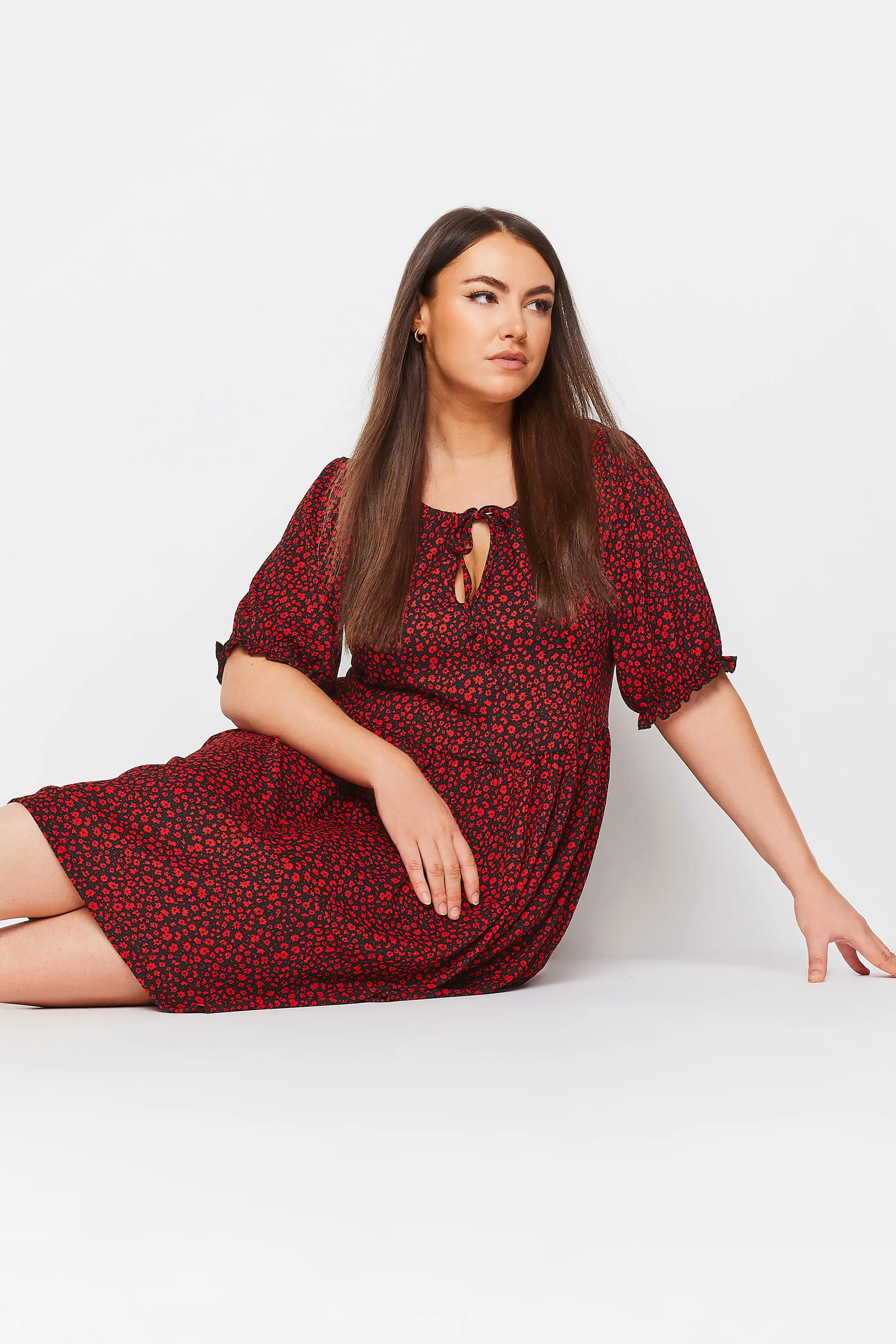 YOURS Curve Red Ditsy Floral Print Textured Smock Dress