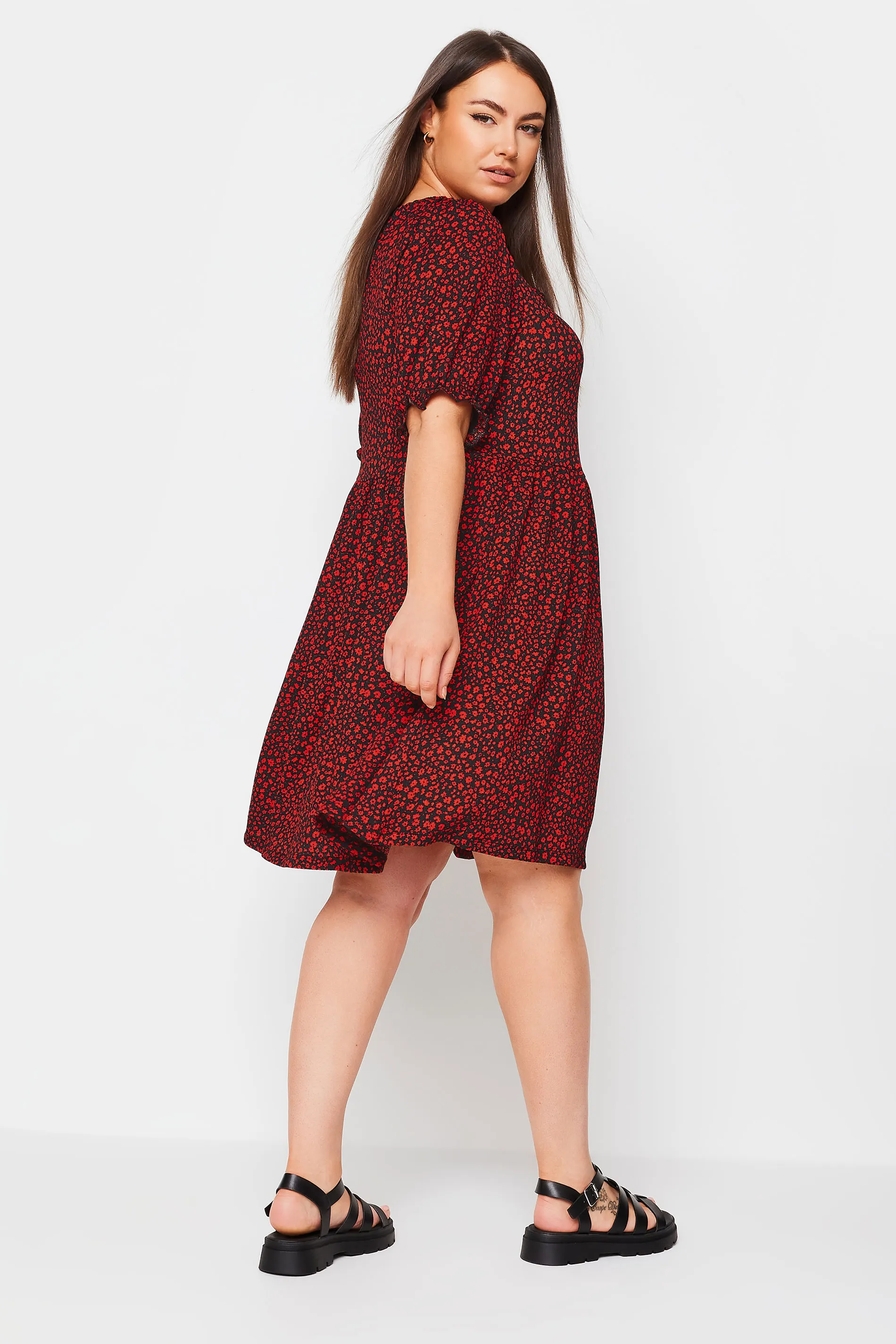 YOURS Curve Red Ditsy Floral Print Textured Smock Dress