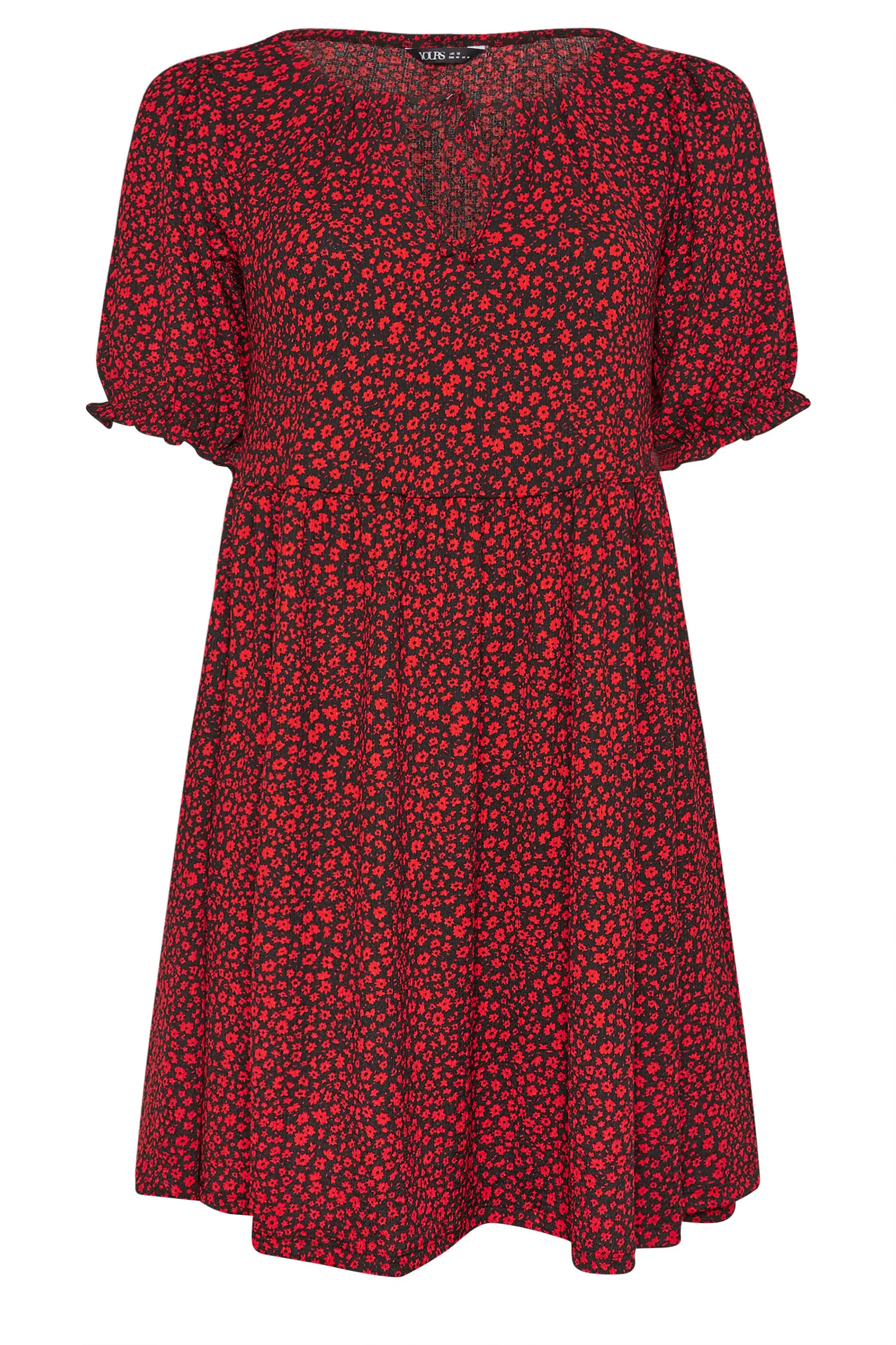 YOURS Curve Red Ditsy Floral Print Textured Smock Dress